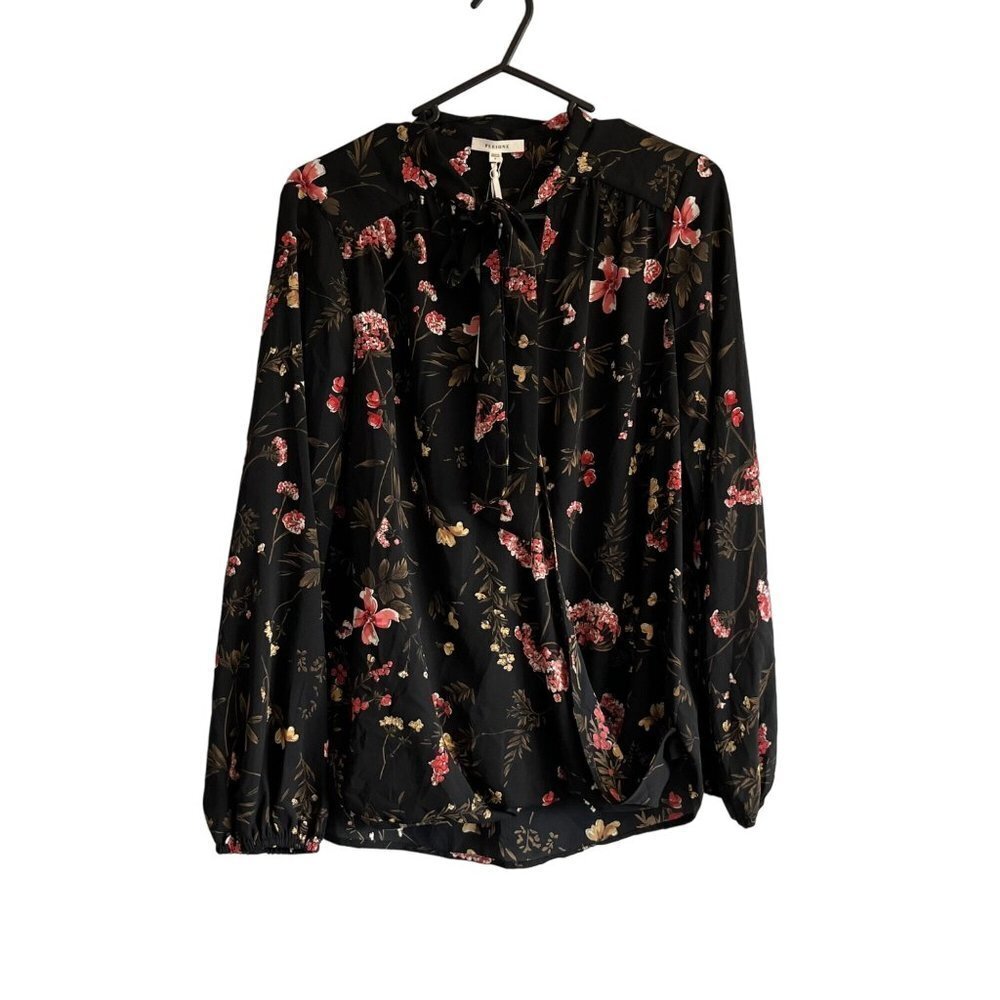Pleione‎ Black Floral Long Sleeve Faux Wrap Tie Neck Blouse Size Small NWT